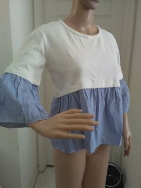 LK.NEW LUX KINLY White & Blue Peplum Mix-Media Top Oversized XS